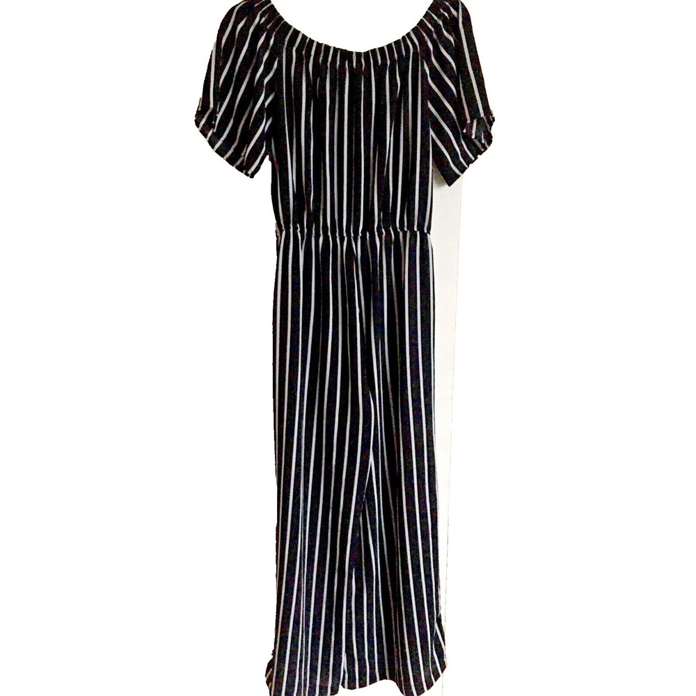 Ambiance Black White Stripes Off Shoulder Pants Jumper Romper Women Size Medium